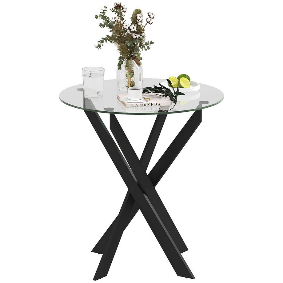 Tavolo da pranzo, tavolo da cucina rotondo per 4 persone, tavolo da pranzo con gambe in acciaio, piano in vetro temperato, per sala da pranzo, cucina, Ø70 x 75 cm, design moderno, nero+trasparente