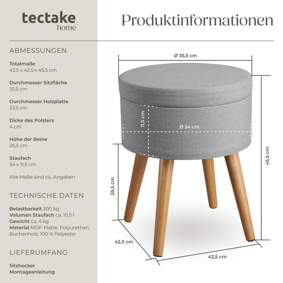Tectake Sitzhocker mit Stauraum Yara rund Belastbarkeit 300 kg  