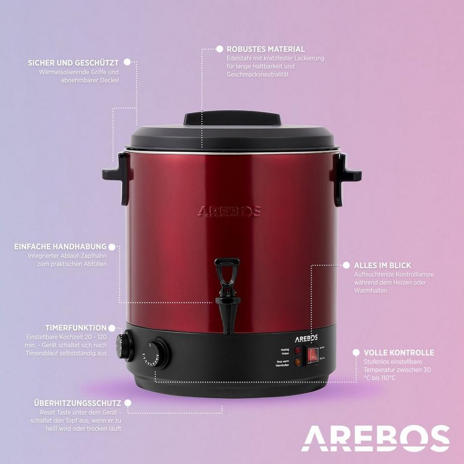 Arebos Conserve Macchina 28L Conserve Pentola Vin Brulè Dispenser Bevande Calde con timer e termostato  