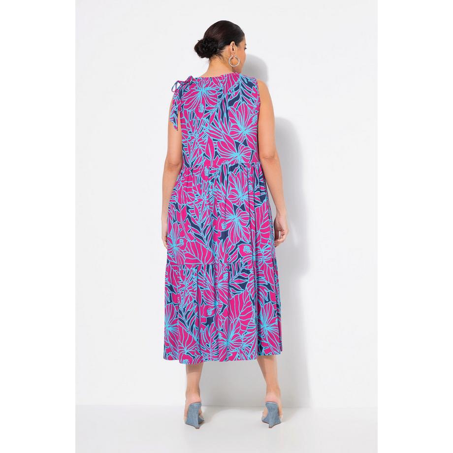 Ulla Popken Abito midi in jersey con fiori scollo a girocollo arricciato smanicato  