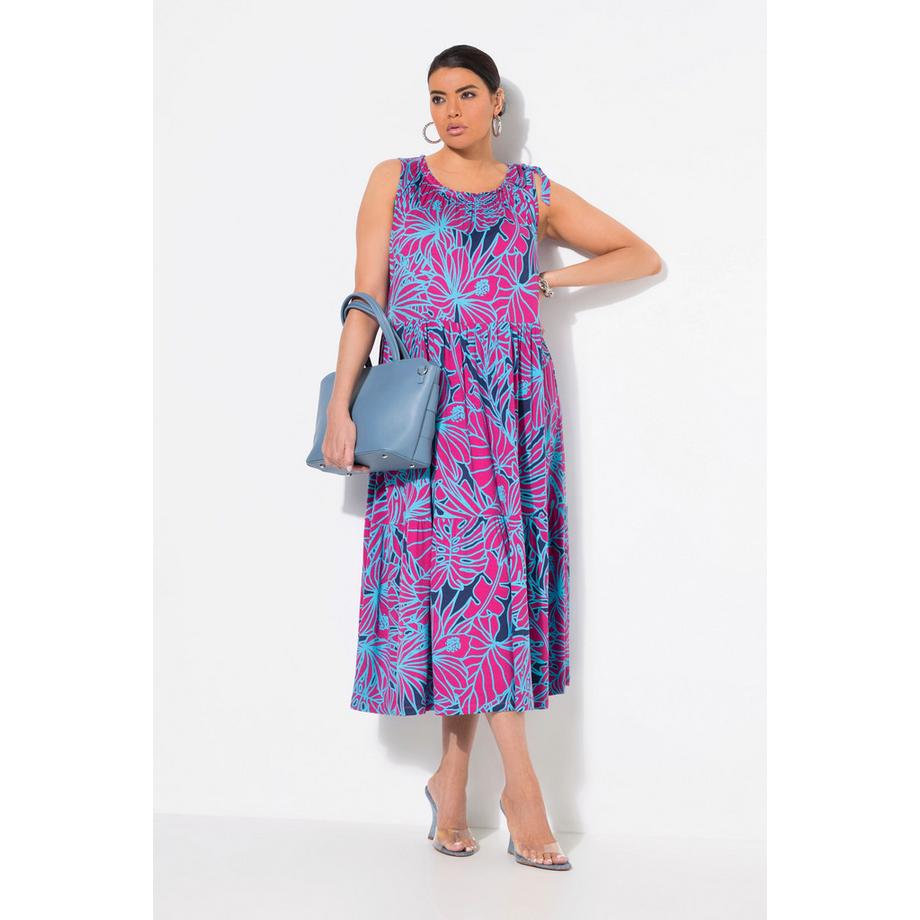 Ulla Popken Abito midi in jersey con fiori scollo a girocollo arricciato smanicato  