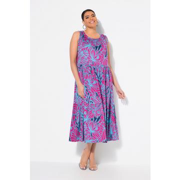 Abito midi dal taglio smanicato in jersey con fiori e scollo a girocollo arricciato