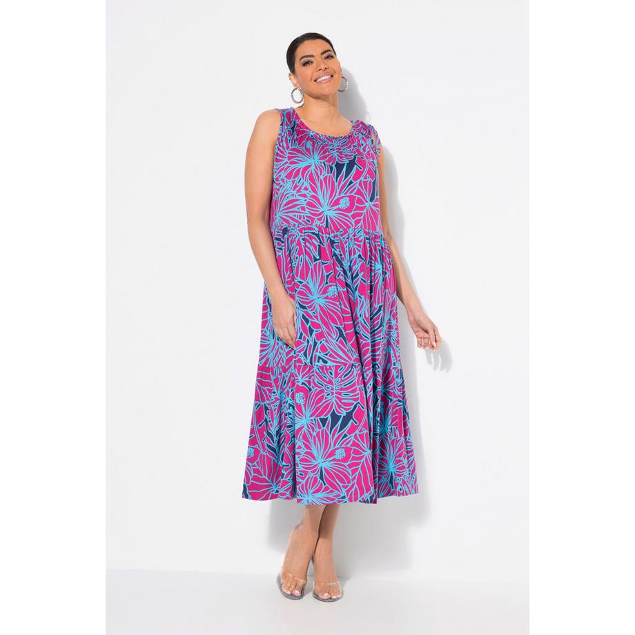 Ulla Popken Abito midi in jersey con fiori scollo a girocollo arricciato smanicato  