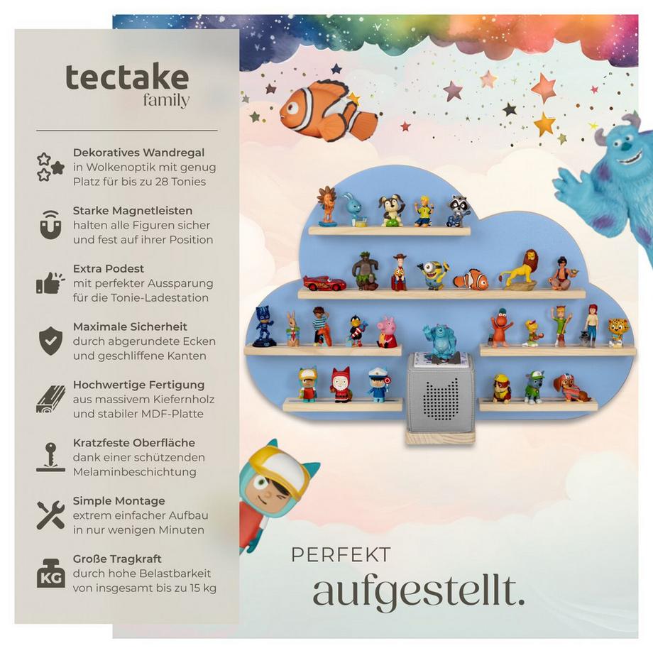 Tectake Wandregal MyLittleStory Cloud für bis zu 28 Tonies in Wolkenoptik, mit Magnetstreifen  