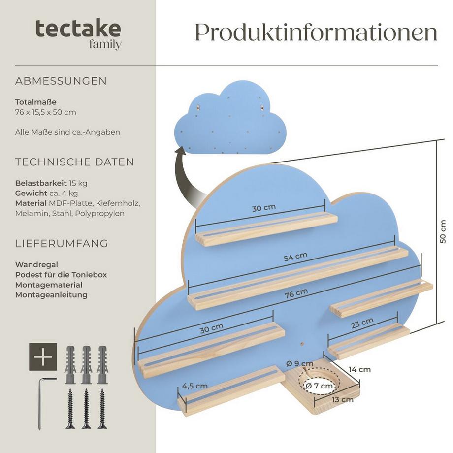 Tectake Wandregal MyLittleStory Cloud für bis zu 28 Tonies in Wolkenoptik, mit Magnetstreifen  