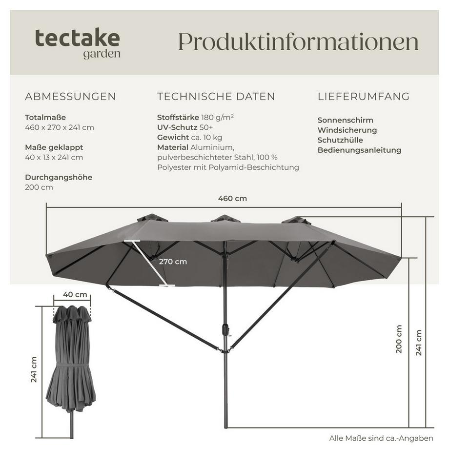 Tectake Sonnenschirm Silia 460 x 270 cm leichtgängiger Mechanismus  