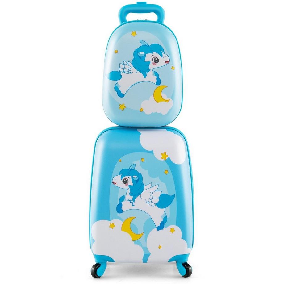 B2X  2tlg Kinderkoffer + Rucksack aus Kunststoff Kindertrolley Kindergepäck 12"+16" Blau Einhorn 