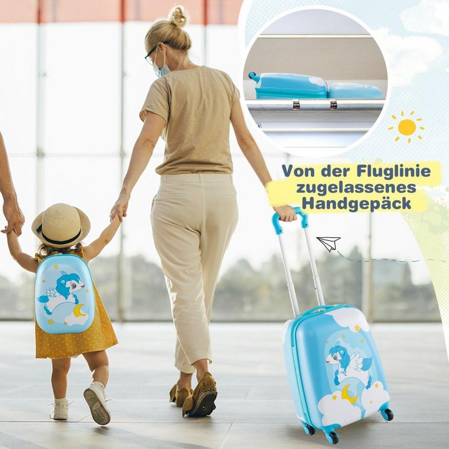 B2X  2tlg Kinderkoffer + Rucksack aus Kunststoff Kindertrolley Kindergepäck 12"+16" Blau Einhorn 