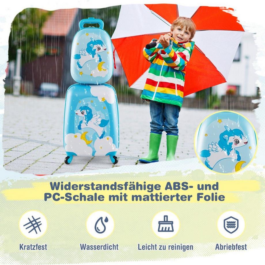 B2X  2tlg Kinderkoffer + Rucksack aus Kunststoff Kindertrolley Kindergepäck 12"+16" Blau Einhorn 