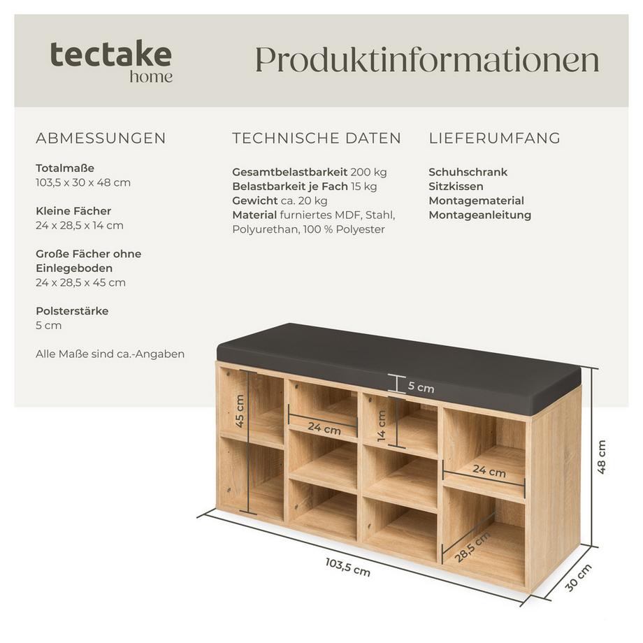 Tectake Schuhschrank Max für 10 Paar Schuhe mit abnehmbarem Sitzpolster  