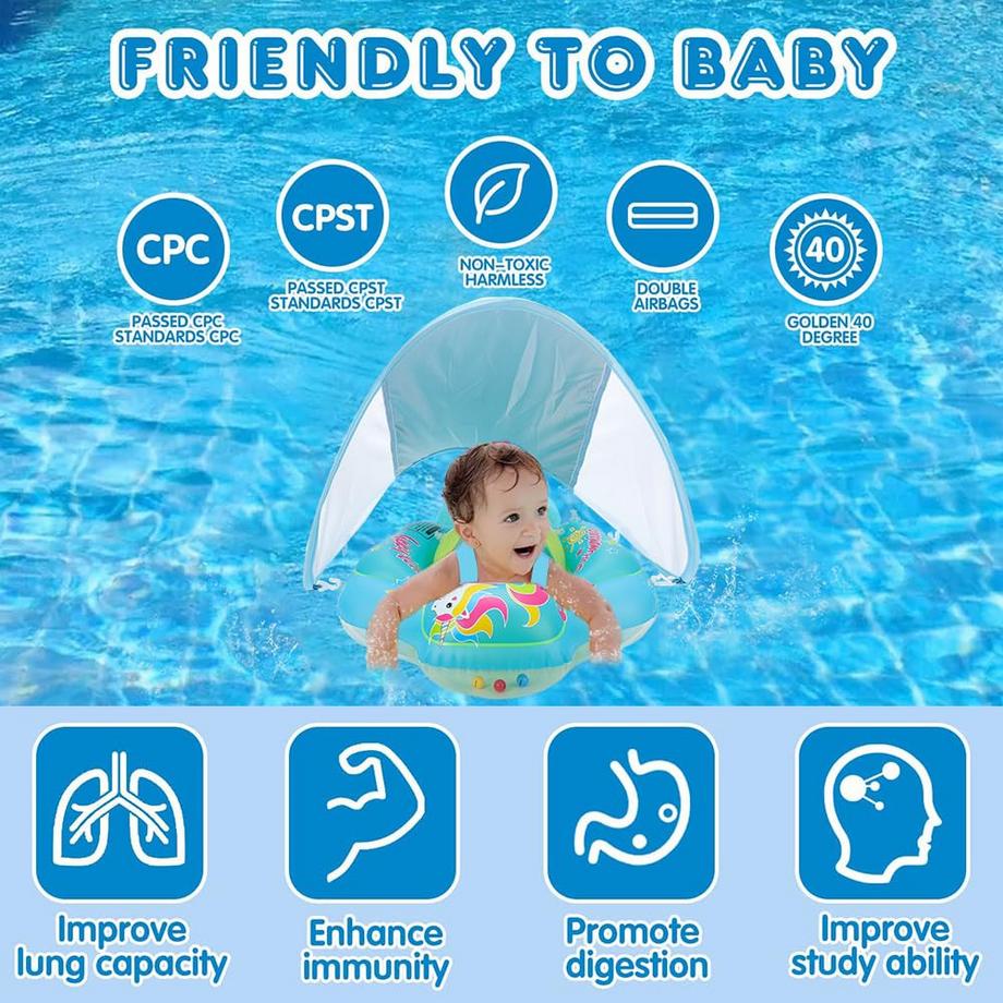 Activity-board  Babyschwimmring mit abnehmbarem Sonnendach, Schwimmhilfe mit verstellbaren Schultergurten, Schwimmtrainer, mit aufblasbarem Schwimmkörper 