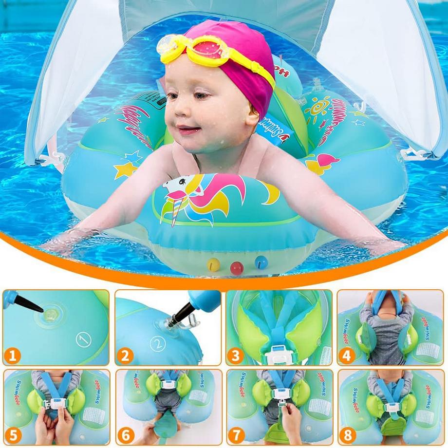 Activity-board  Babyschwimmring mit abnehmbarem Sonnendach, Schwimmhilfe mit verstellbaren Schultergurten, Schwimmtrainer, mit aufblasbarem Schwimmkörper 