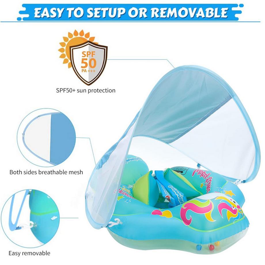 Activity-board  Babyschwimmring mit abnehmbarem Sonnendach, Schwimmhilfe mit verstellbaren Schultergurten, Schwimmtrainer, mit aufblasbarem Schwimmkörper 