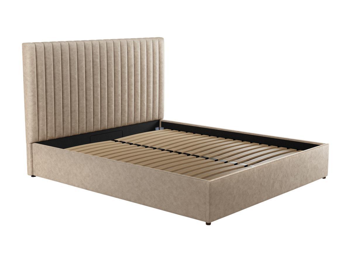 Vente-unique Letto contenitore con testata e cuciture verticali 160 x 200 cm Tessuto Beige + Materasso - SARAH  