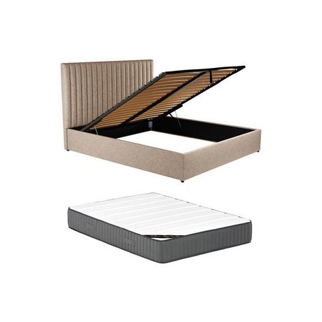 Vente-unique Letto contenitore con testata e cuciture verticali 160 x 200 cm Tessuto Beige + Materasso - SARAH  