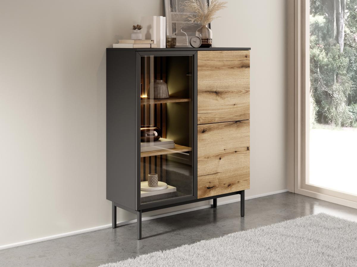 Vente-unique  Vitrinenschrank mit 3 Türen - Mit LED-Beleuchtung - Holzfarben & Schwarz - LABENIA 