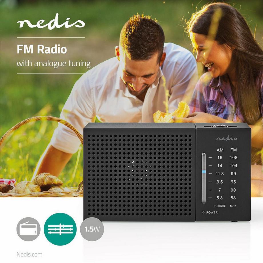 Nedis  FM -Radio | Tragbares Design | AM / fm | Batterie betrieben | Analog | 1,5 w | Schwarzerer Bildschirm | Bluetooth® | Kopfhörerbuchse | Schwarz 