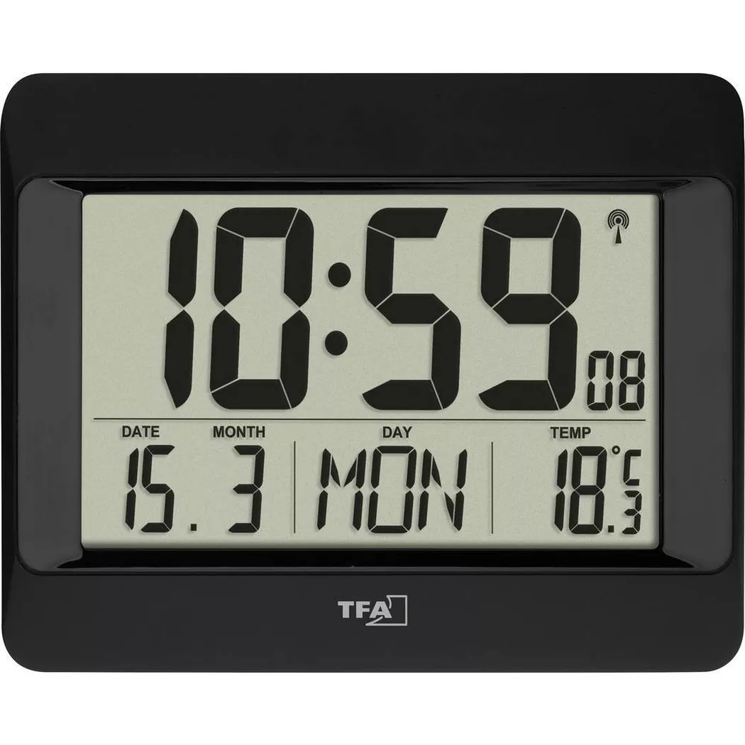 TFA Dostmann 60.4519.01 radiopiloté(e) Horloge murale 215 mm x 26 mm x 160 mm noir grand écran