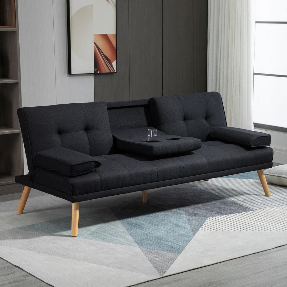 Northio Schlafsofa, 3-Sitzer-Schlafcouch mit Klappbarem Tisch, Becherhalter, Bettsofa mit Leinenoptik, im Skandi-Design, bis 250 kg Belastbar, für Wohzimmer, Grau  