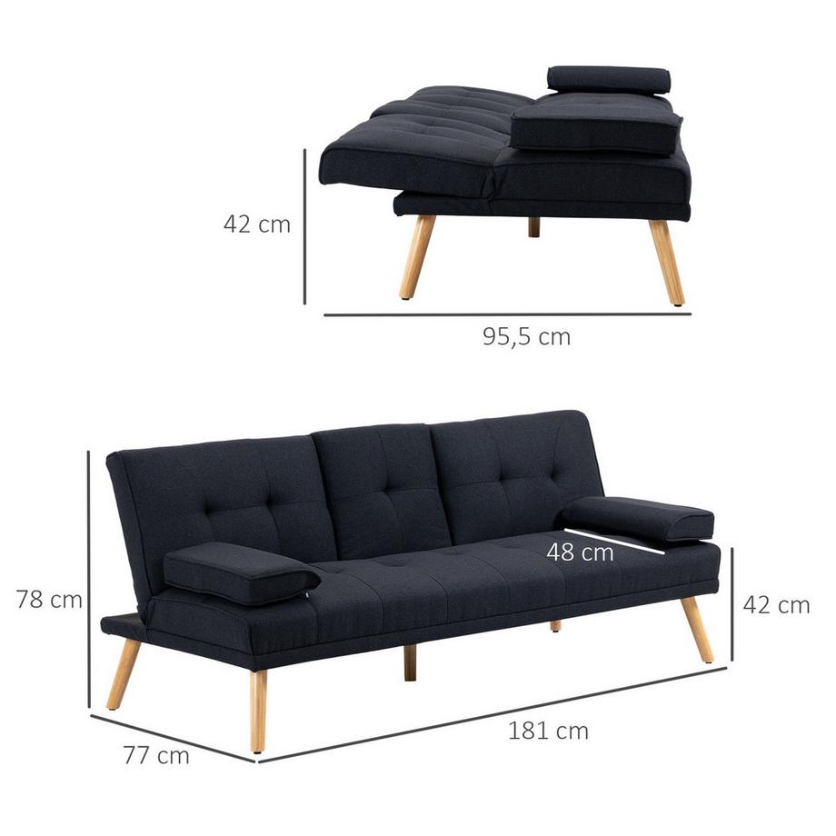 Northio Schlafsofa, 3-Sitzer-Schlafcouch mit Klappbarem Tisch, Becherhalter, Bettsofa mit Leinenoptik, im Skandi-Design, bis 250 kg Belastbar, für Wohzimmer, Grau  