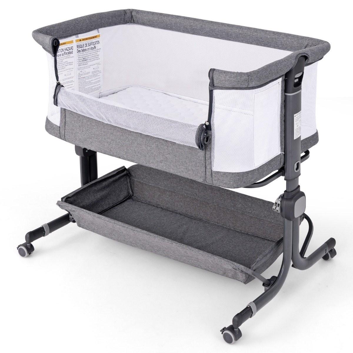 Northix  3 in 1 Beistellbett Reisebett Baby mit Matratze Babybett 6 Fach höhenverstellbar mit Aufbewahrungskorb Dunkelgrau 