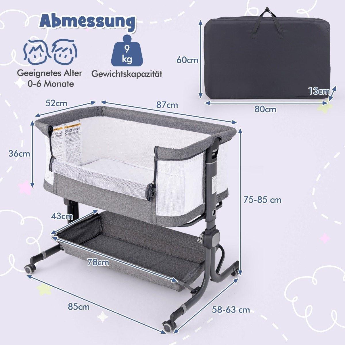Northix  3 in 1 Beistellbett Reisebett Baby mit Matratze Babybett 6 Fach höhenverstellbar mit Aufbewahrungskorb Dunkelgrau 