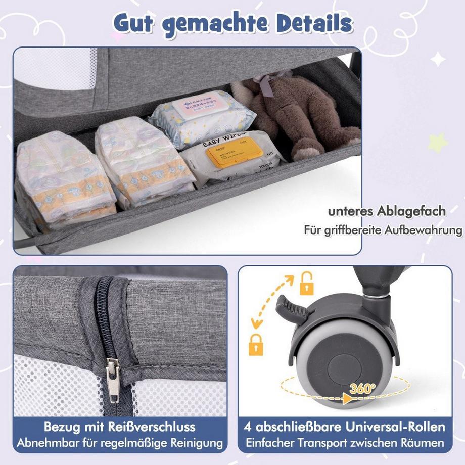 Northix  Lit d'appoint 3 en 1 lit parapluie bébé avec matelas lit bébé 6 compartiments réglable en hauteur avec panier de rangement gris foncé 