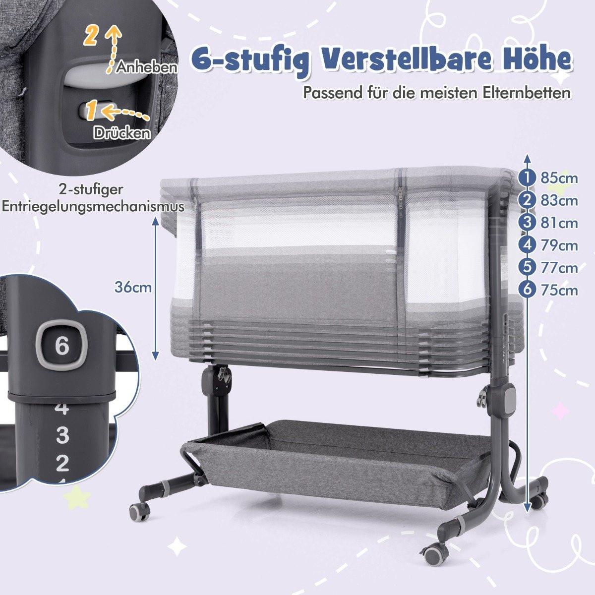 Northix  3 in 1 Beistellbett Reisebett Baby mit Matratze Babybett 6 Fach höhenverstellbar mit Aufbewahrungskorb Dunkelgrau 