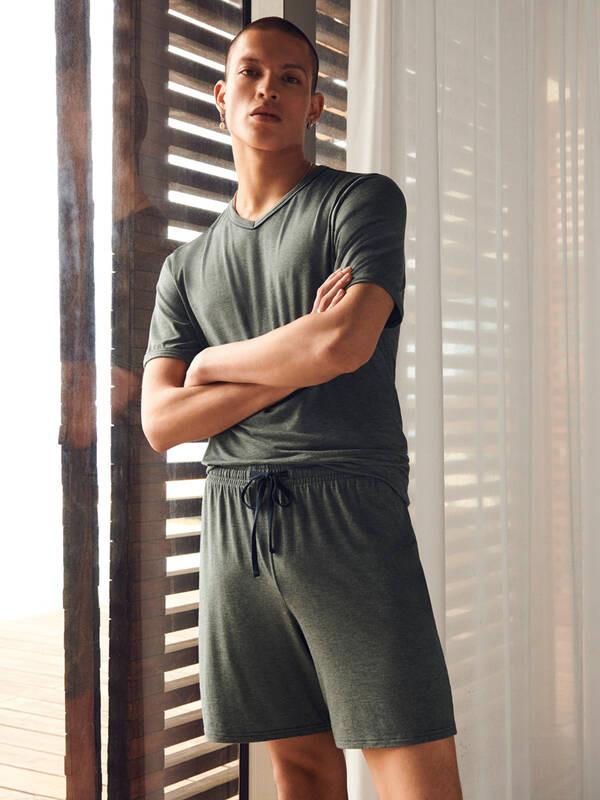 Schiesser Tencel Pyjama Set Manches Courtes Col V  