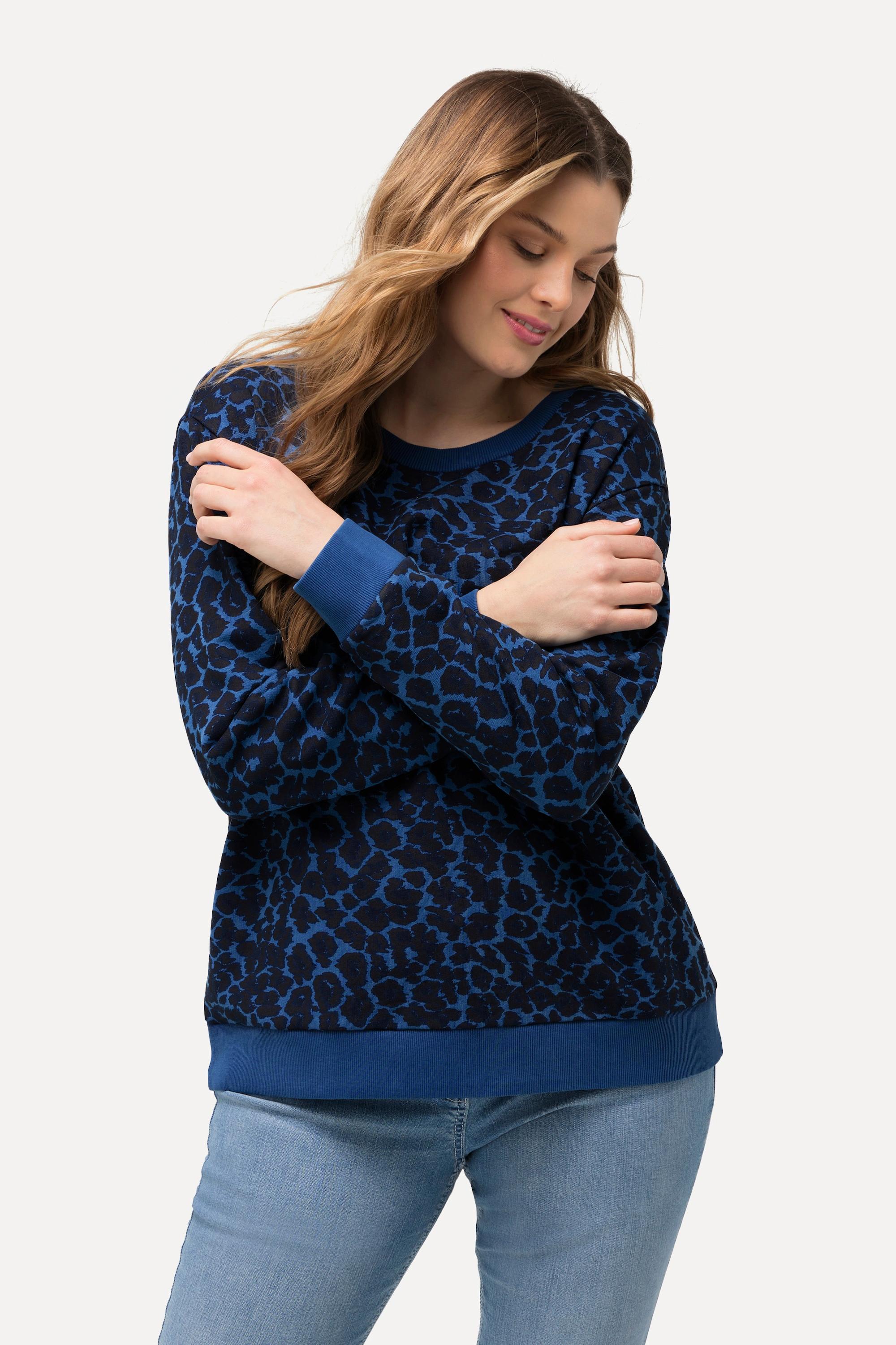 Ulla Popken  Sweat-shirt à manches longues et col rond. Mélange coton-modal avec motif léopard. 