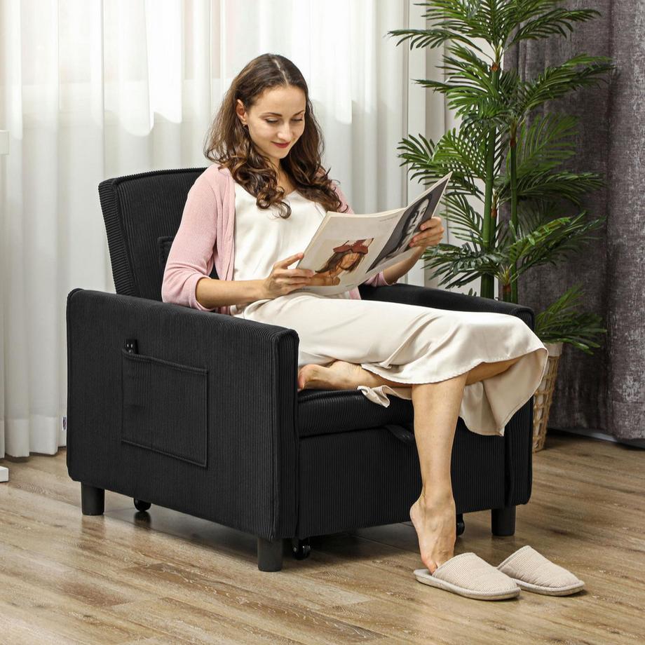 Northio 3-in-1 Schlafsessel, Klappbett mit Bettfunktion, Lendenkissen, Klappbar Liegestuhl mit Verstellbarer Rückenlehne, Rollen, Seitentasche, für Wohnzimmer, Kord, Schwarz  