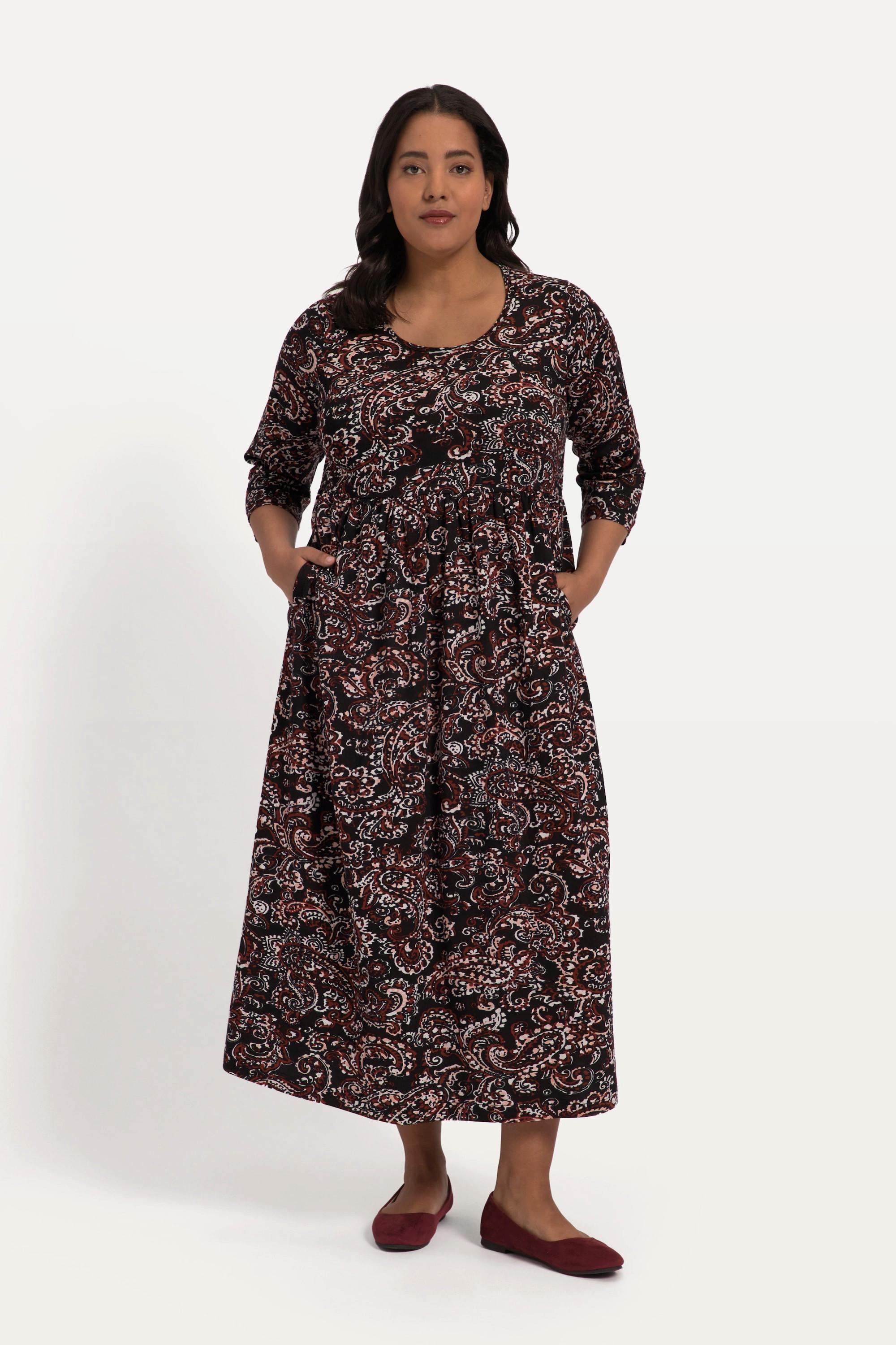 Ulla Popken  Jerseykleid, A-Line, Paisleymuster, Empirenaht, Rundhals, 3/4-Arm 