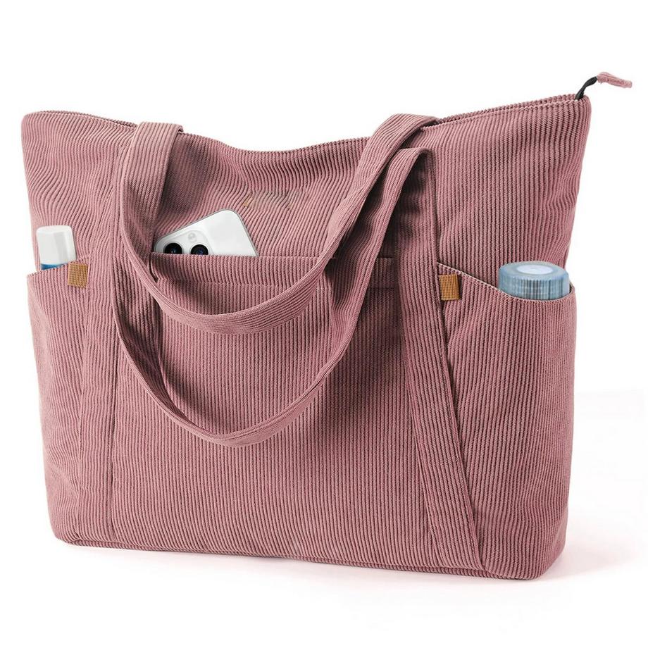 Sac en Velours Côtelé, Grand Sac Fourre - Tout, Sac de Plage avec Fermeture Éclair, Sac Shopping, Sac pour Ordinateur Portable Compartiment pour ordinateur Portable