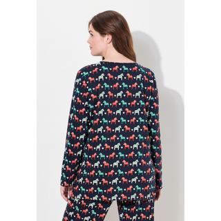 Ulla Popken  T-shirt de pyjama en coton bio, avec col en V et manches longues, motif chevaux 