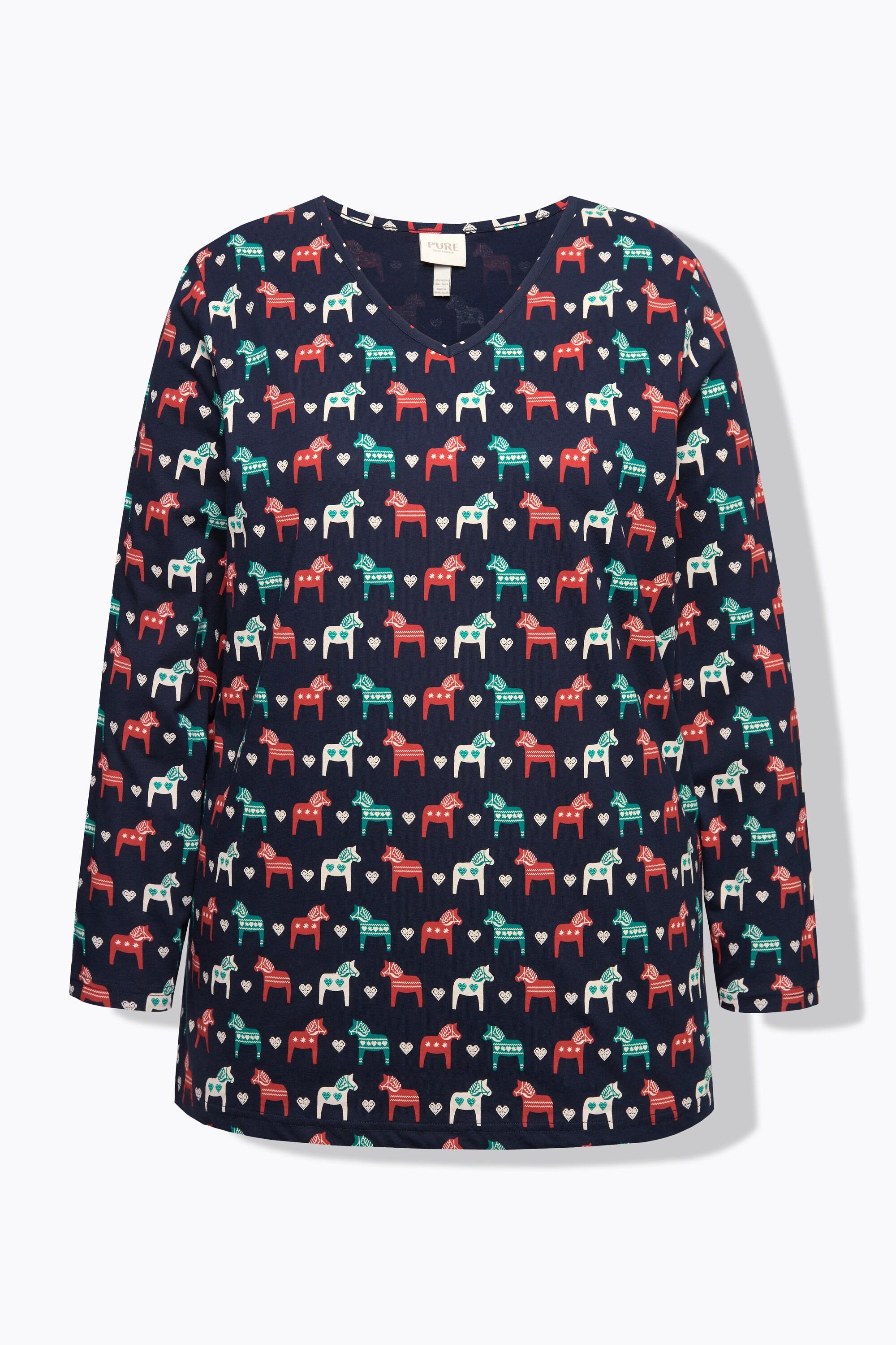 Ulla Popken  T-shirt de pyjama en coton bio, avec col en V et manches longues, motif chevaux 