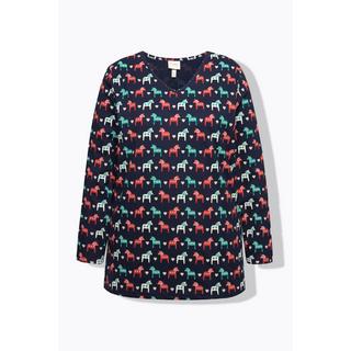 Ulla Popken  T-shirt de pyjama en coton bio, avec col en V et manches longues, motif chevaux 