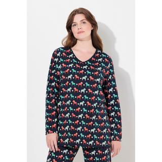 Ulla Popken  T-shirt de pyjama en coton bio, avec col en V et manches longues, motif chevaux 