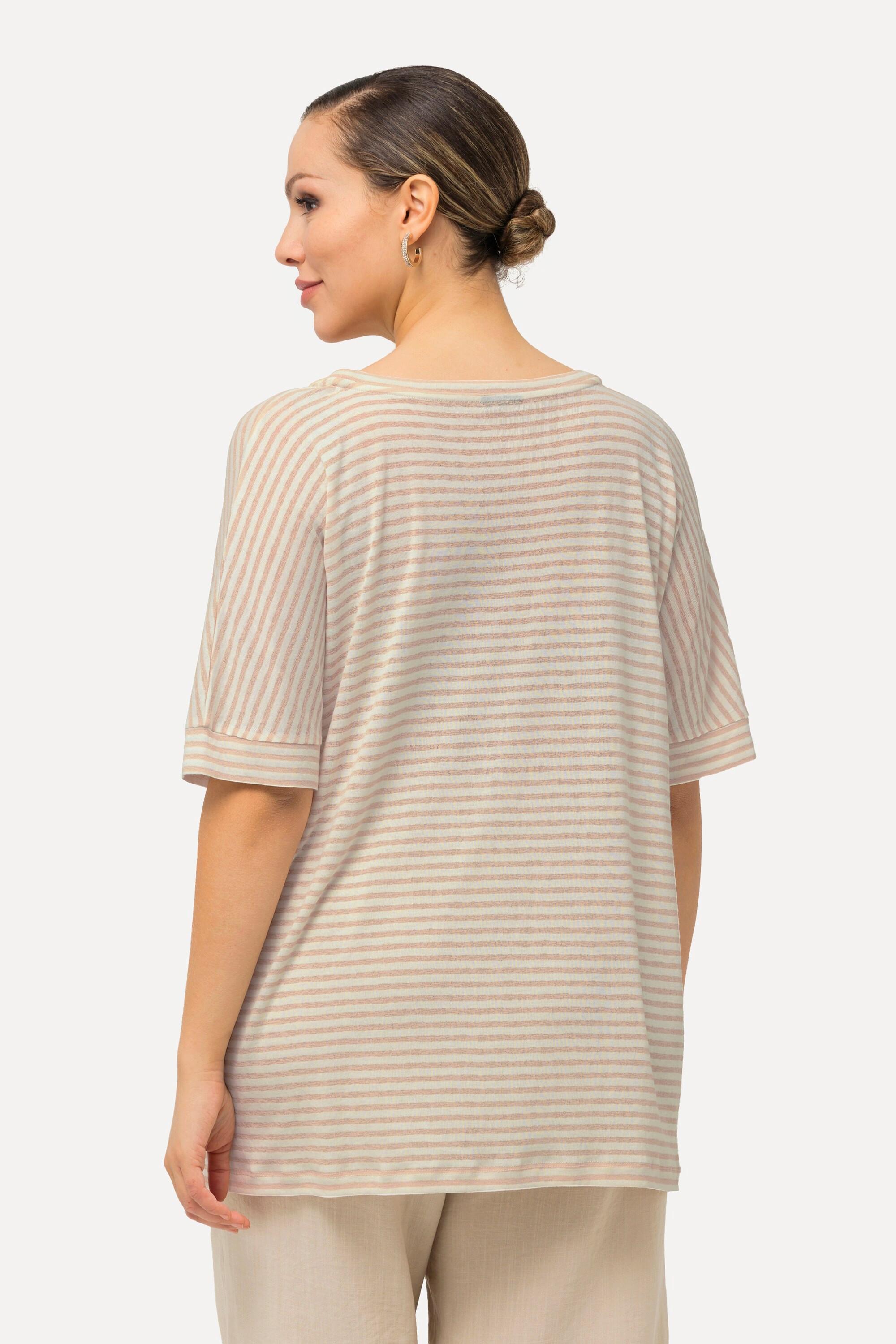 Ulla Popken  T-shirt dal taglio oversize con righe, scollo a girocollo e mezze maniche 