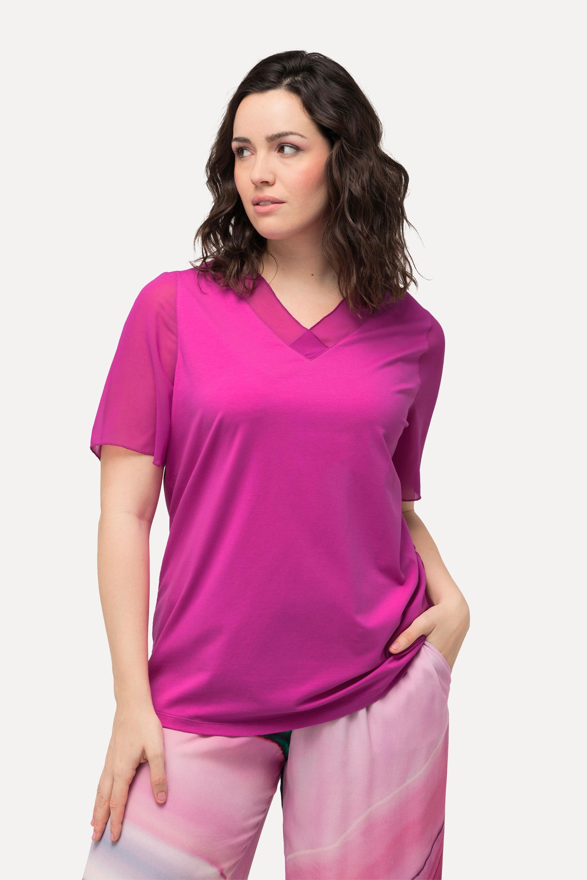 Ulla Popken  T-Shirt, Chiffon-Blende, V-Ausschnitt, Chiffon-Halbarm 