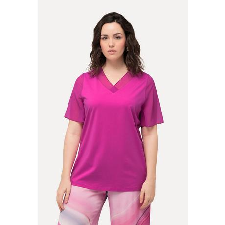 Ulla Popken  T-Shirt, Chiffon-Blende, V-Ausschnitt, Chiffon-Halbarm 