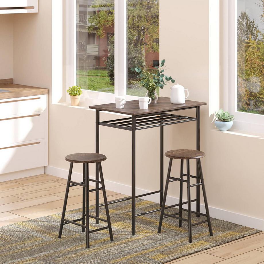 Northio  Bartisch Set 3-teilig Esstisch mit 2 Barhocker Essgruppe Küchentisch und Stühle Stehtisch und Barhocker mit Lagerregal Metall 80 x 50 x 90 cm Schwarz 