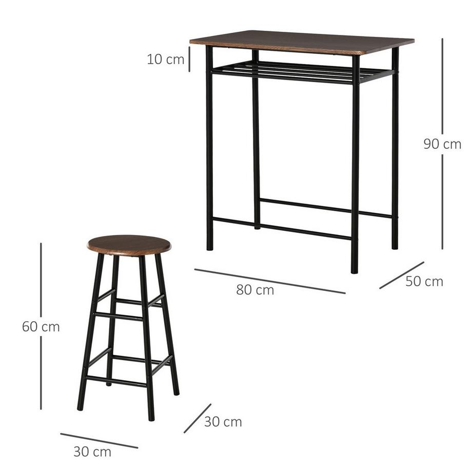 Northio  Bartisch Set 3-teilig Esstisch mit 2 Barhocker Essgruppe Küchentisch und Stühle Stehtisch und Barhocker mit Lagerregal Metall 80 x 50 x 90 cm Schwarz 