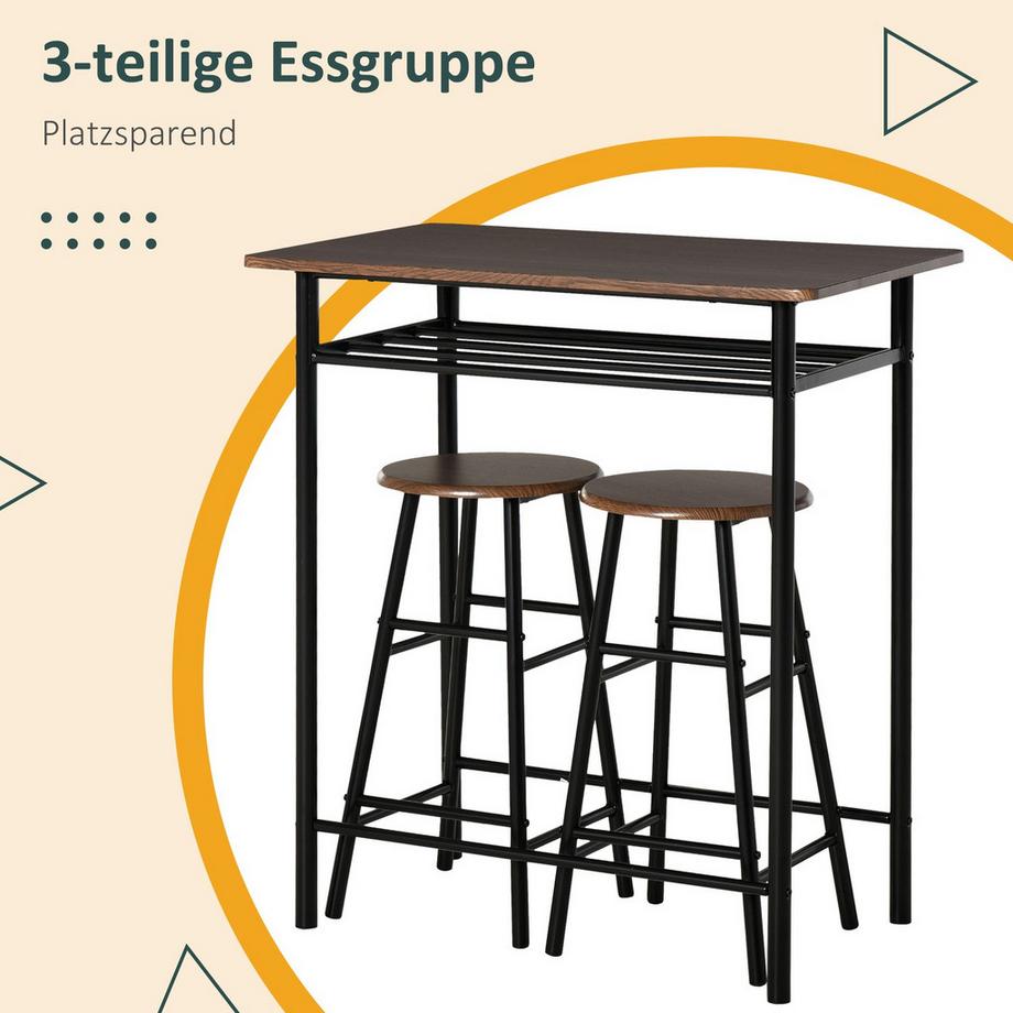 Northio  Bartisch Set 3-teilig Esstisch mit 2 Barhocker Essgruppe Küchentisch und Stühle Stehtisch und Barhocker mit Lagerregal Metall 80 x 50 x 90 cm Schwarz 