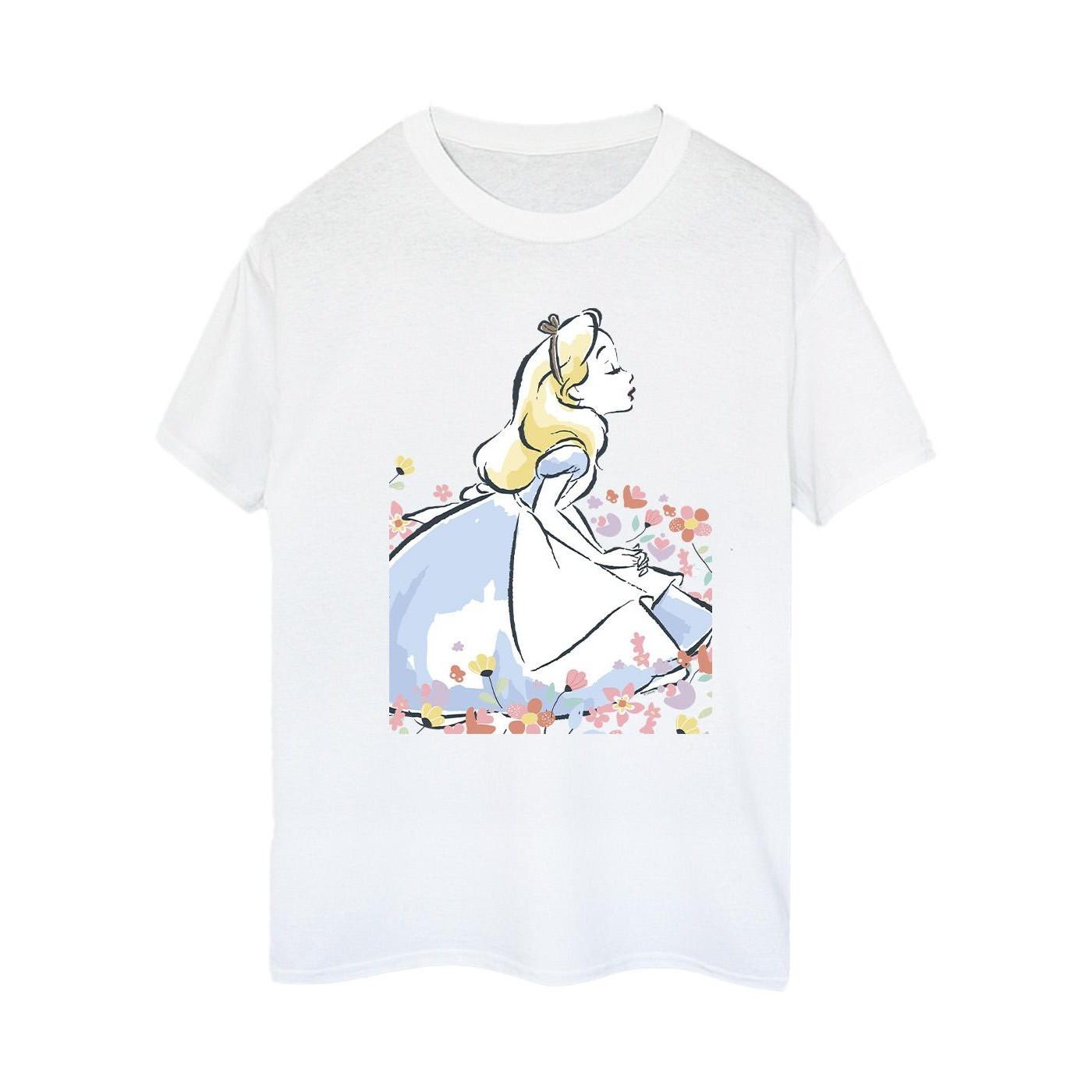 Image of Alice In Wonderland Sketch Flowers Tshirt Damen Weiss M