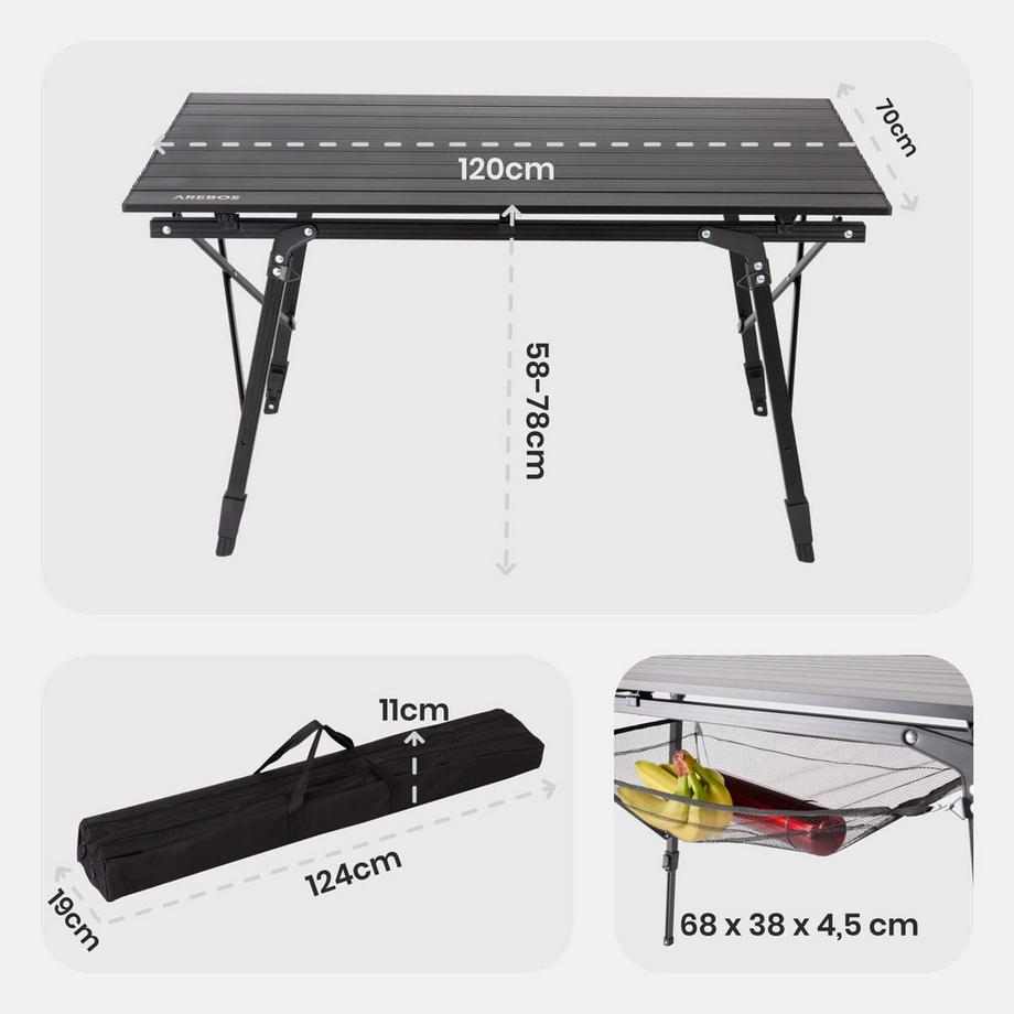 Arebos Table de camping Table à roulettes en aluminium Table pliante Outdoor  
