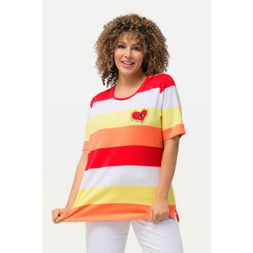 T-shirt con righe, ricami, scollo a girocollo e mezze maniche