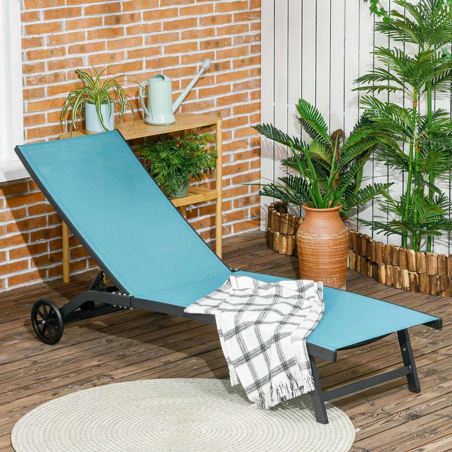 Northio Sonnenliege, Liegestuhl Mit Rollen, Relaxliege Mit Verstellbarer Rückenlehne, Gartenliege, Polyester, Alu, Blau, 195 X 165 X 102 Cm  