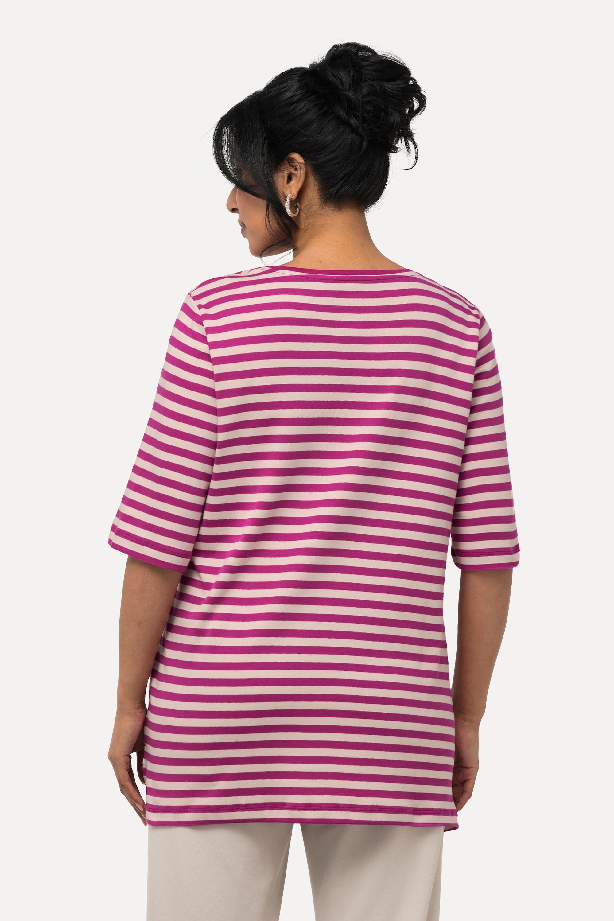 Ulla Popken  T-shirt in cotone Pima con righe, scollo a V e mezze maniche 