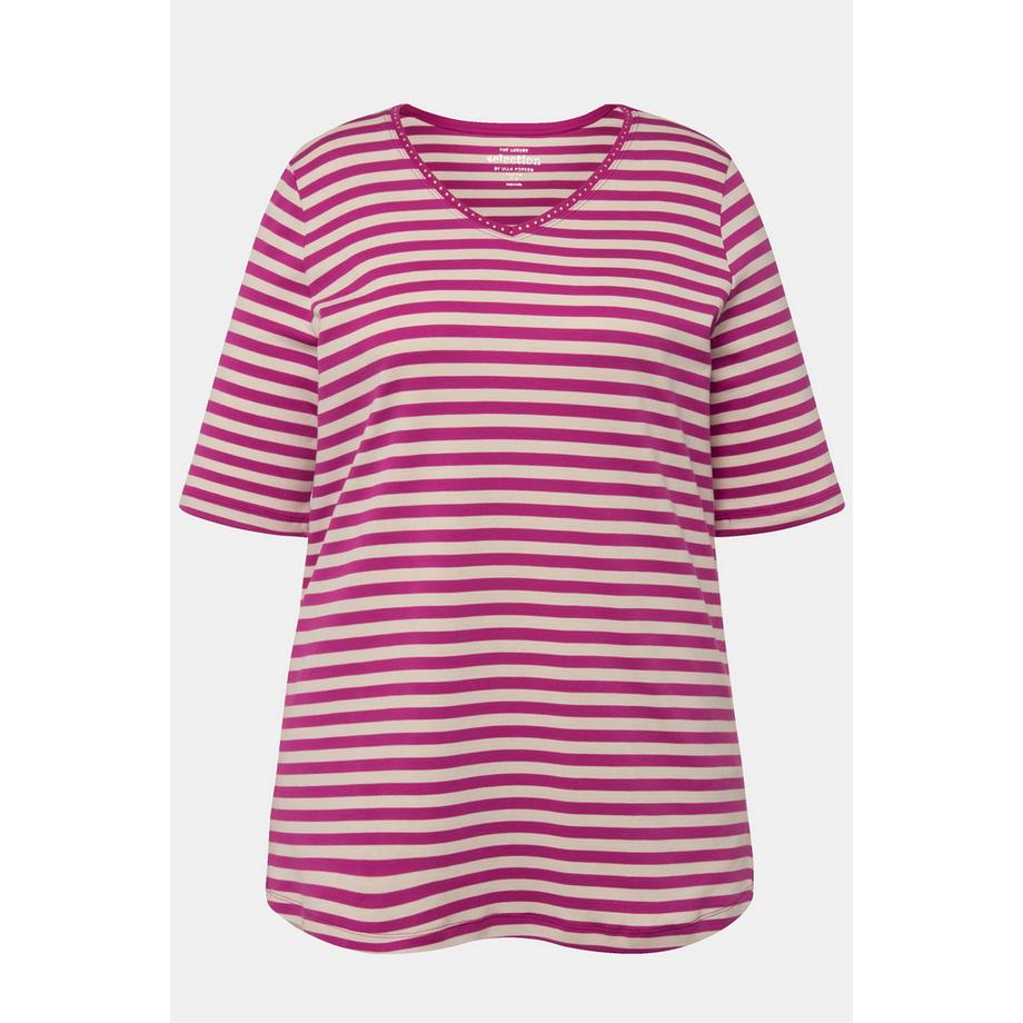 Ulla Popken Pima Cotton Ringel V-Ausschnitt Halbarm T-Shirt  