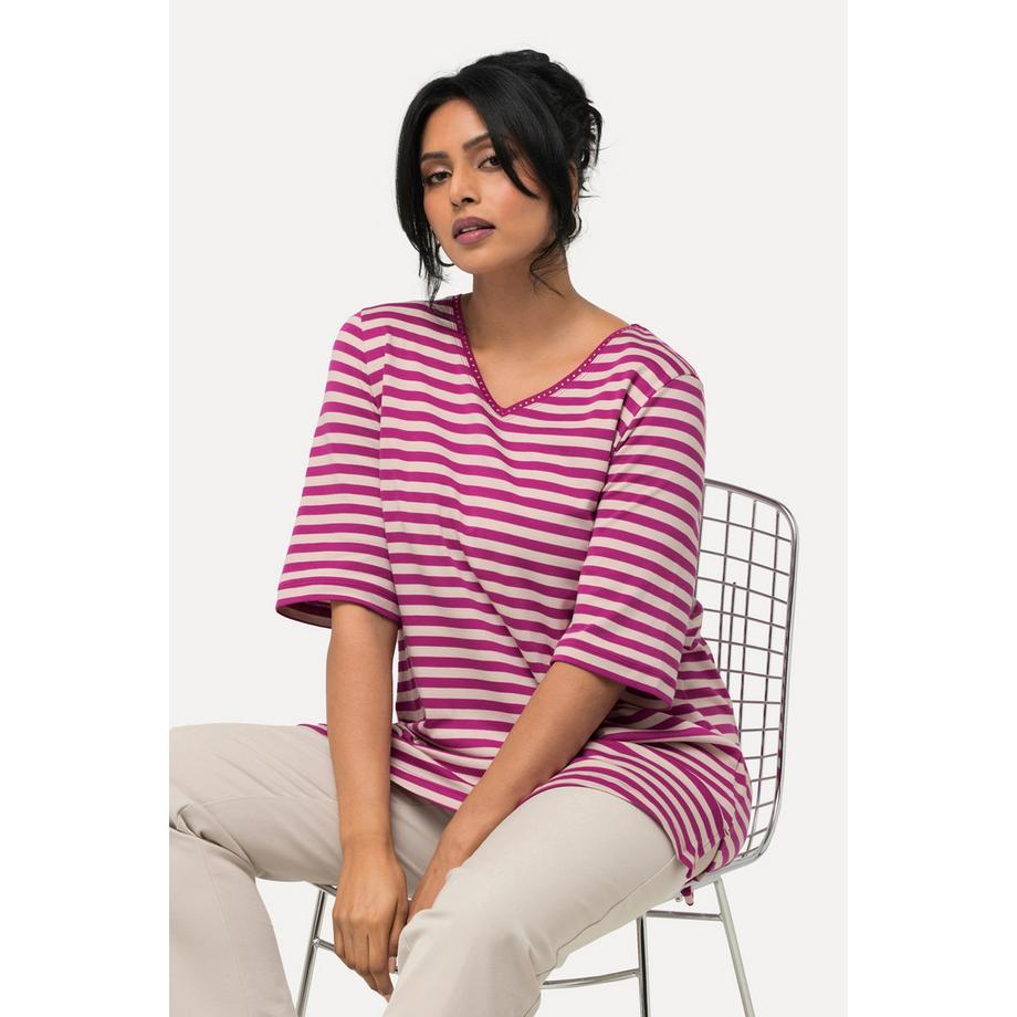 Ulla Popken Pima Cotton Ringel V-Ausschnitt Halbarm T-Shirt  